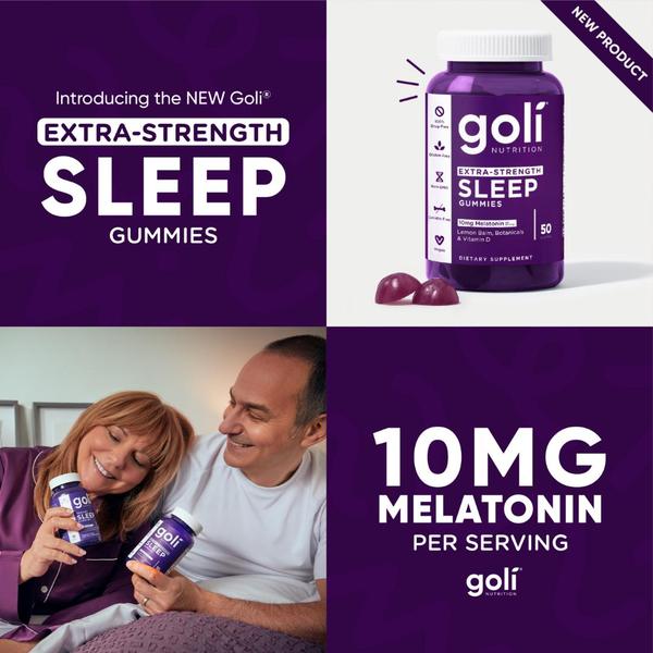 A split-screen ad creative showcasing the new Sleep Gummy product with clear benefit-focused typography and a relatable lifestyle element.